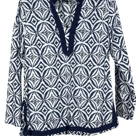 CYNTHIA Rowley Womens Sz M Blue White Geometric Boho Tunic Top - Picture 2 of 6